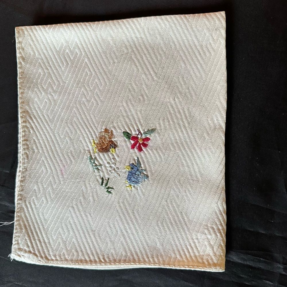 Vintage Bird Motif Embroidered Cream Silk Napkin